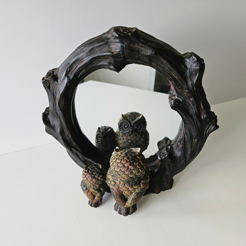 Vtg Resin Owl Family Mirror Tabletop Forestcore Cottagecore
